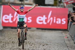 Hungarian Blanka Kata Vas celebrates as she crosses the finish line to win the womens elite race of the Cyclocross Overijse cyclocross event stage 516 of the World Cup competition in Overijse on October 31 2021 Belgium OUT Photo by DAVID STOCKMAN Belga AFP Belgium OUT Photo by DAVID STOCKMANBelgaAFP via Getty Images