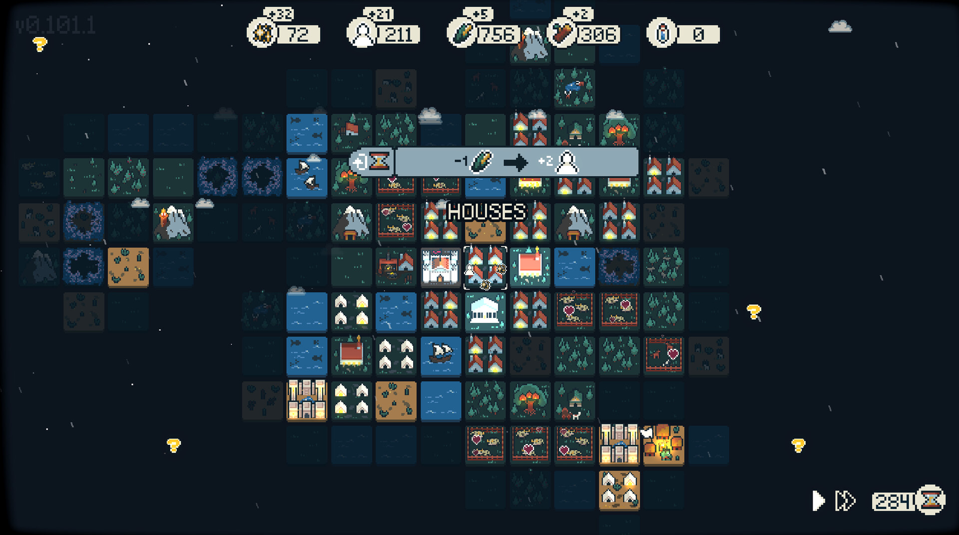 Dawnfolk screenshot showing city on pixel art grid