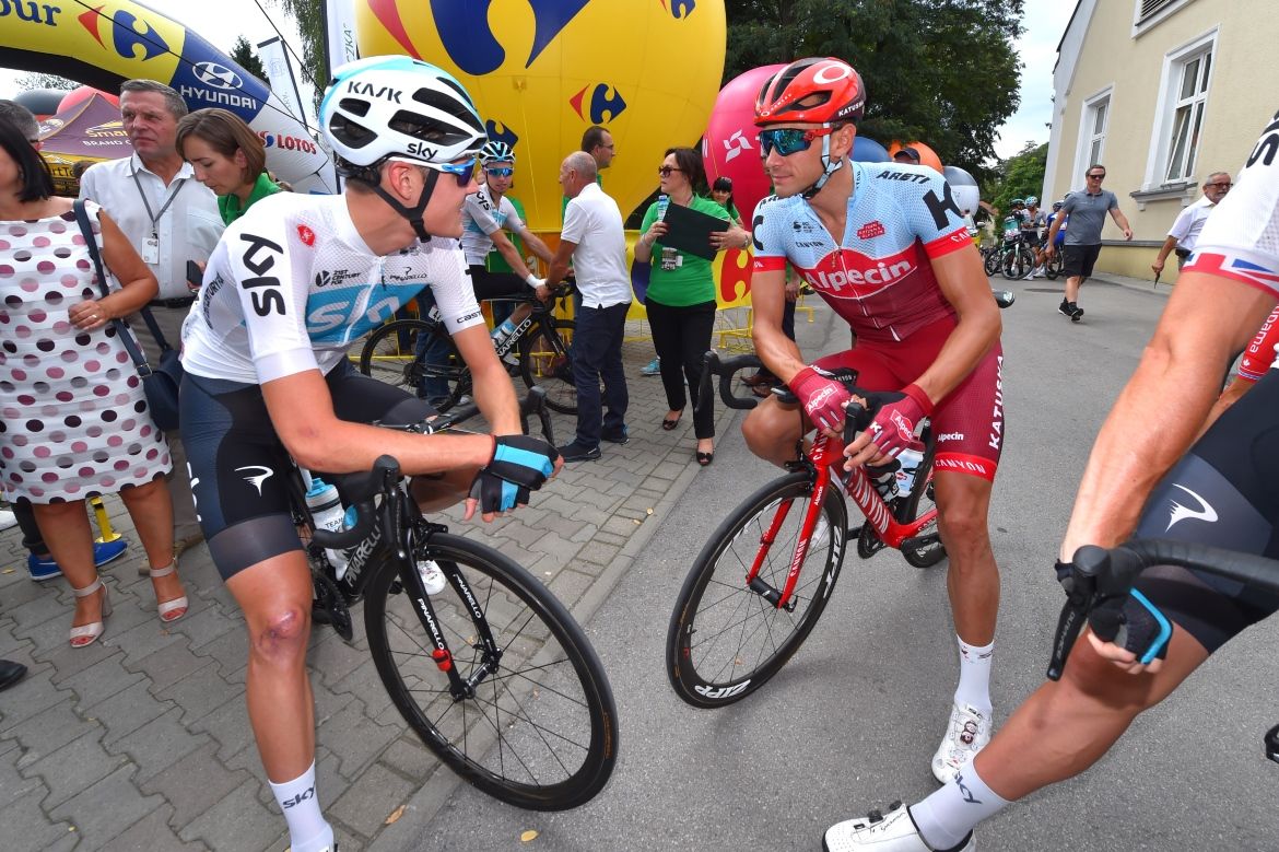 Russians Pavel Sivakov and Maxim Belkov catch up before the stage