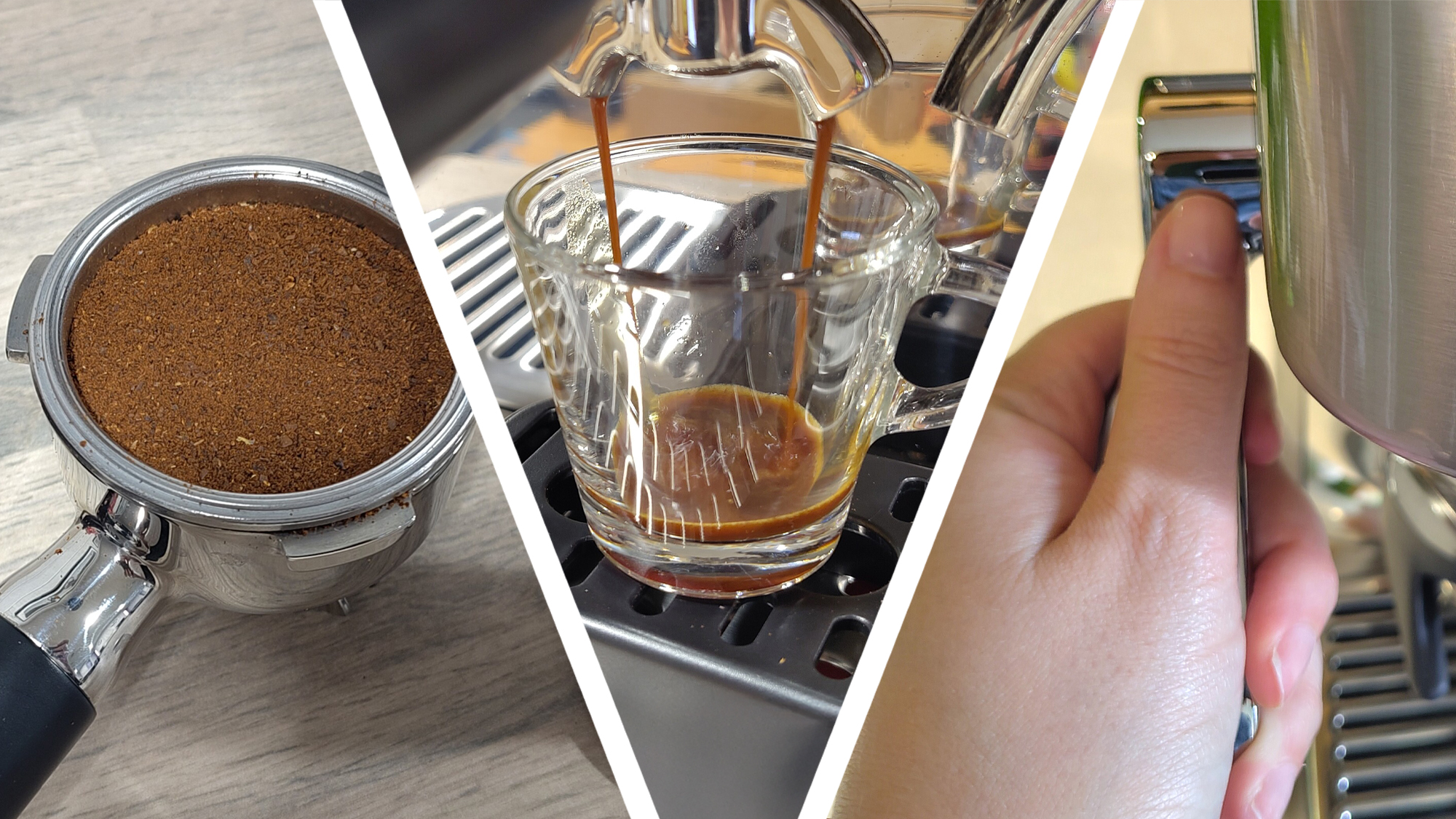 portafilter full of coffee, espresso dispensing from espresso machine, and hand pulling espresso machine tamper