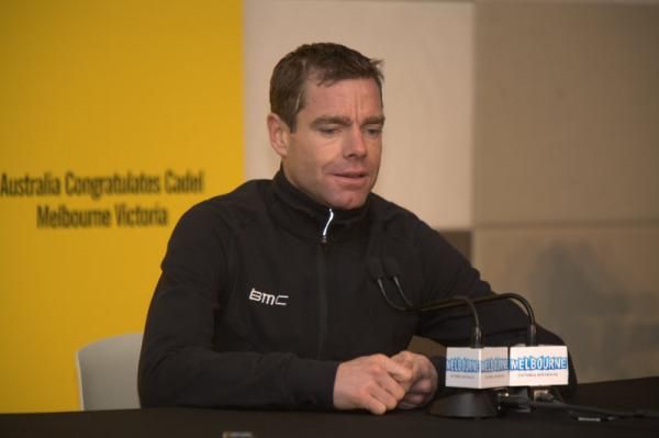 Cadel Evans speaks at the press conference in Melbourne