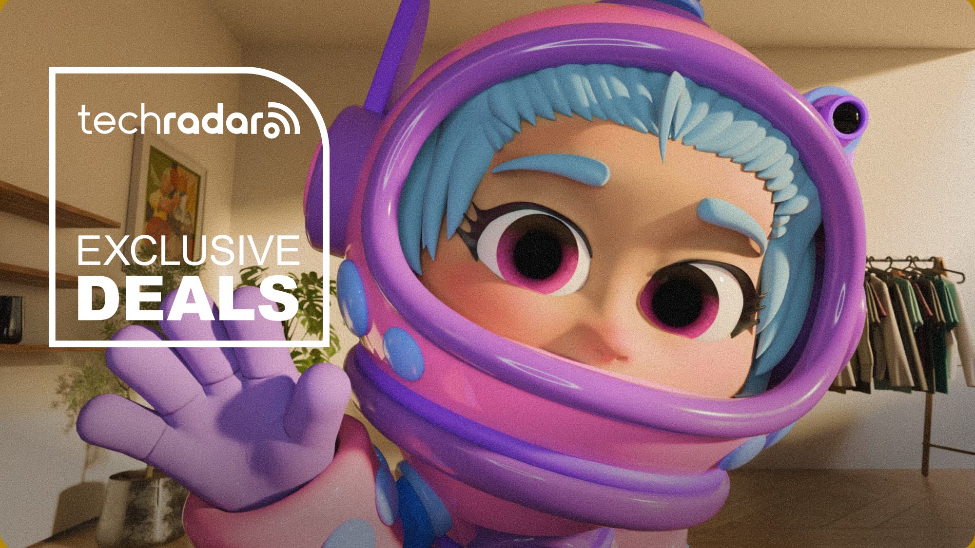 A cartoon Sintra AI digital employee waving next to a badge that reads 'Exclusive deals'