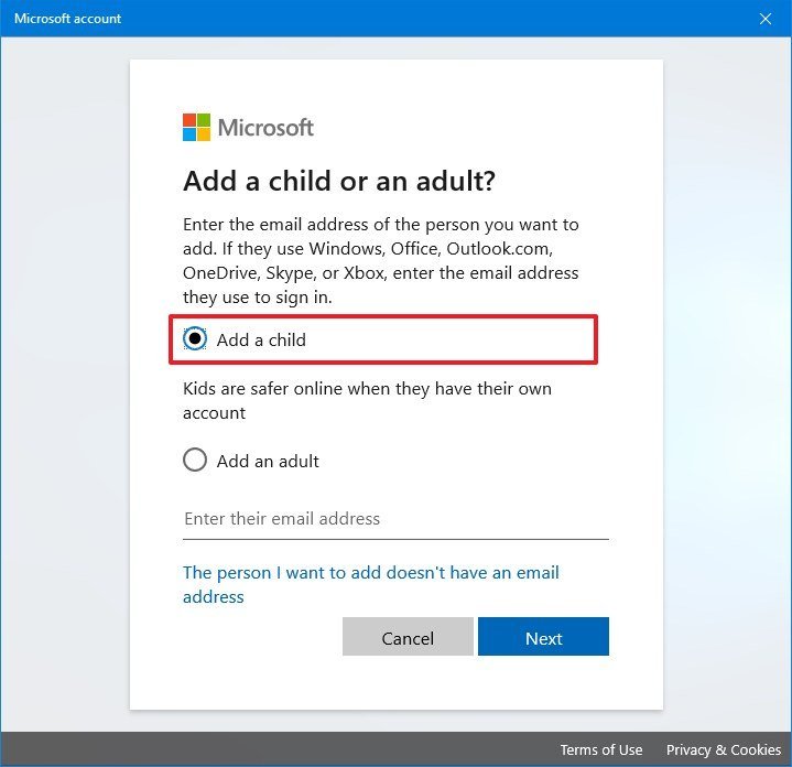 Windows 10 create a child account option