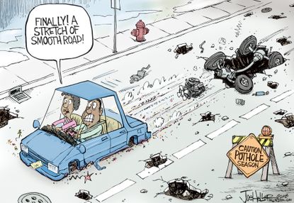 Editorial cartoon U.S. pothole season car damage