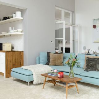 open plan living room with l shaped sofa