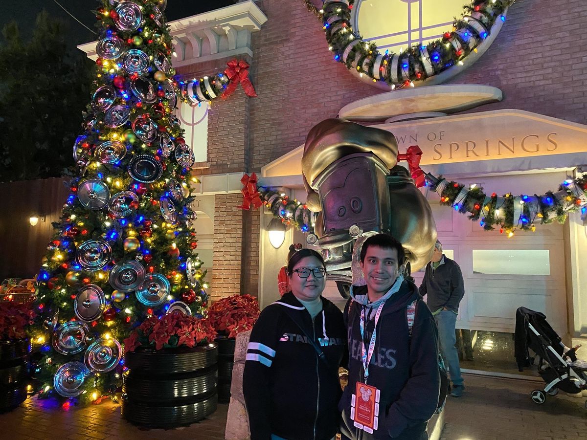 Christine and Robert at Radiator Springs Racers entrance at DCA