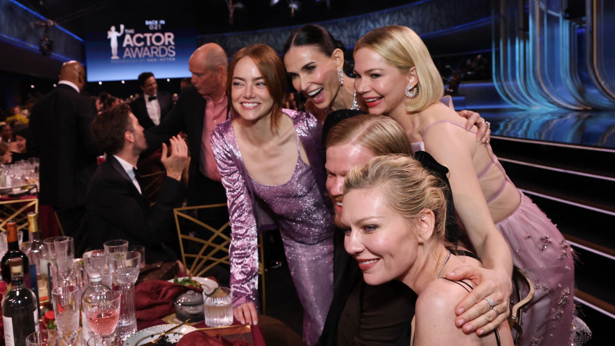 Emma Stone, Demi Moore, Michelle Williams, Jesse Plemons and Kirsten Dunst at the 2026 SAG Awards