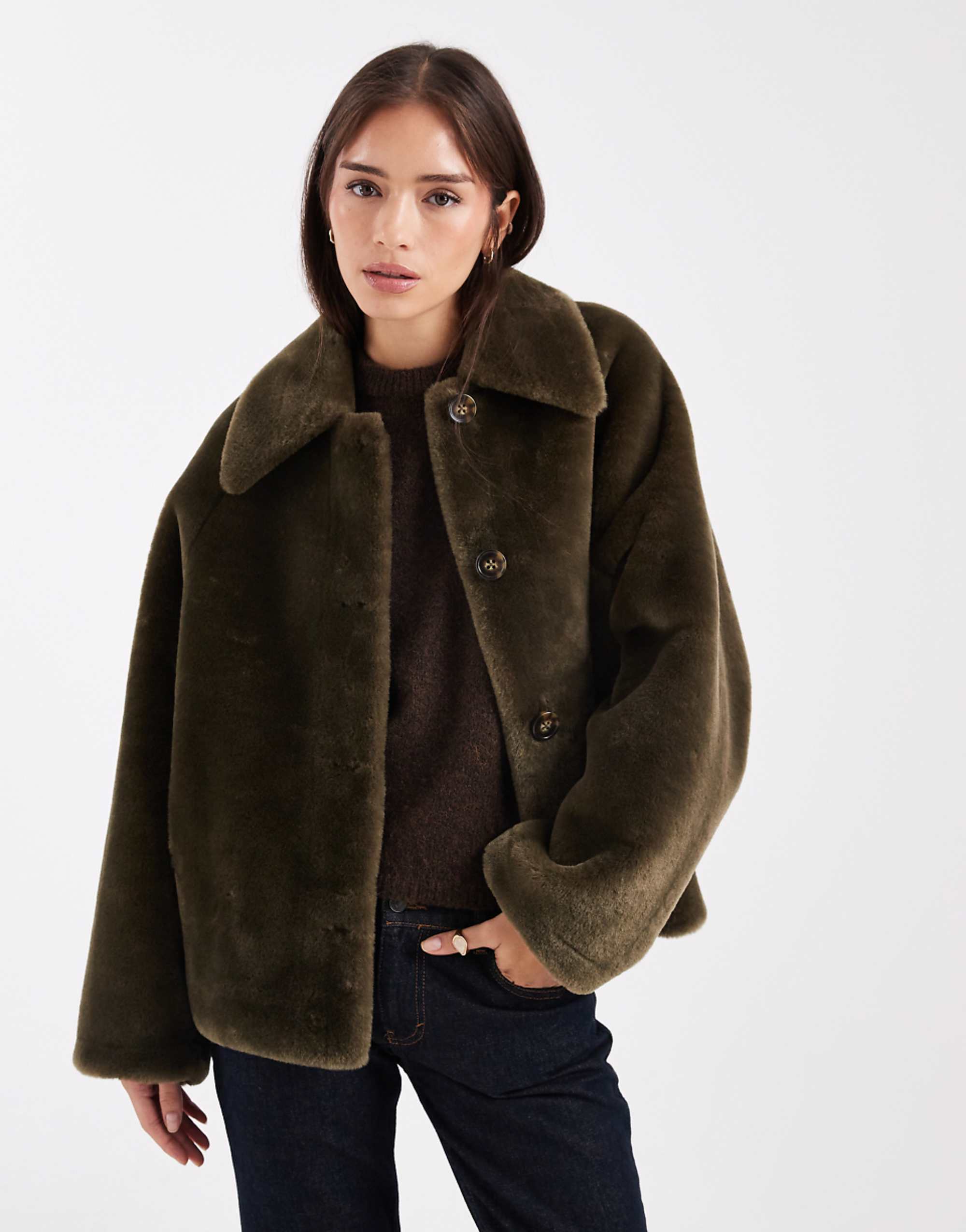 Asos Design Shearling Short Car Coat in Khaki