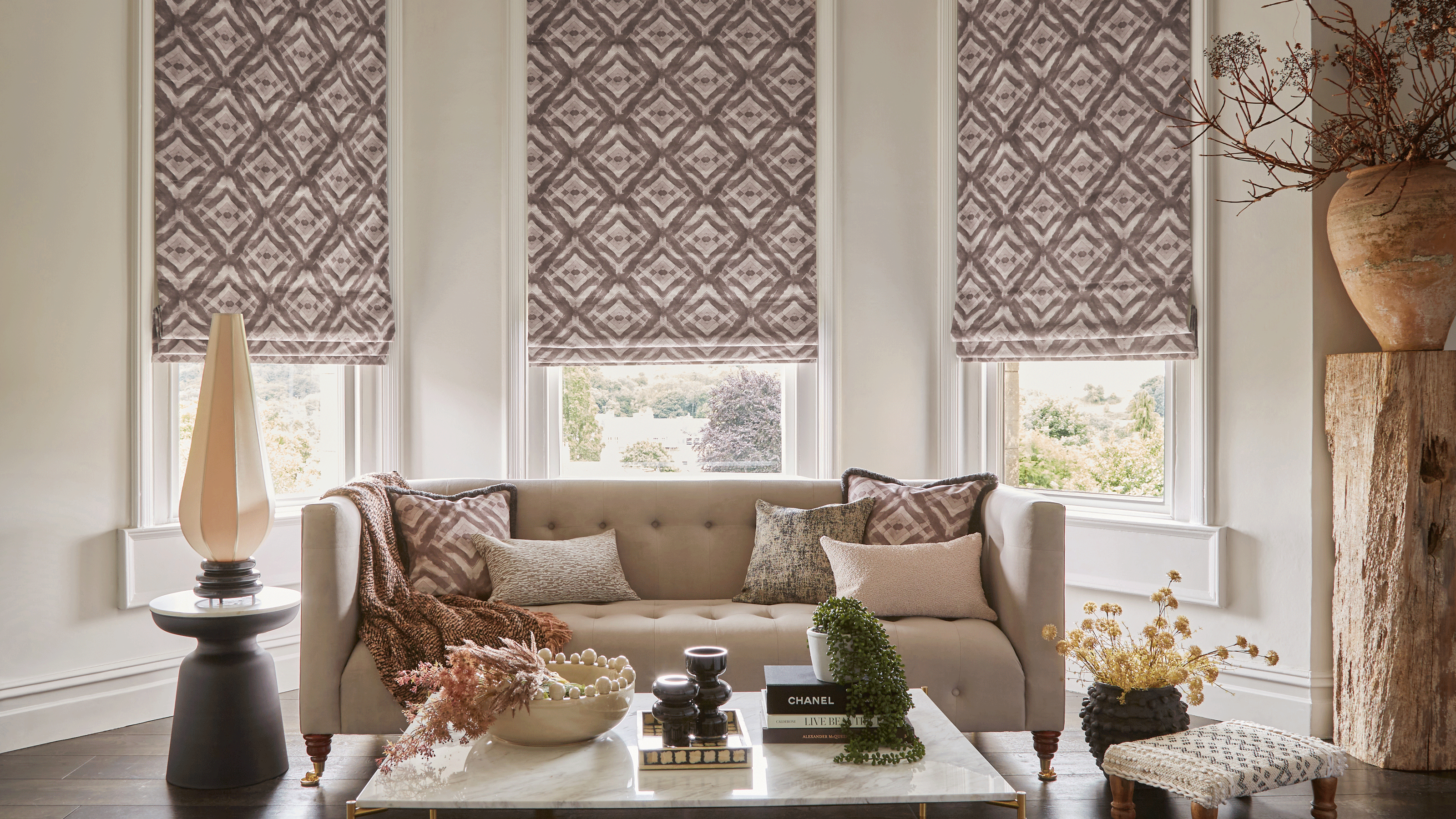 Purple patterned blinds in living room