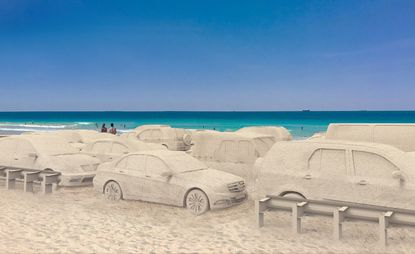 渲染Leandro Erlich在迈阿密海滩上的交通堵塞装置