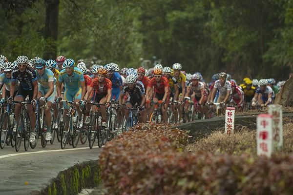 The peloton climb their way towards the top of a King of the Mountains section of stage eight with a small group up ahead.
