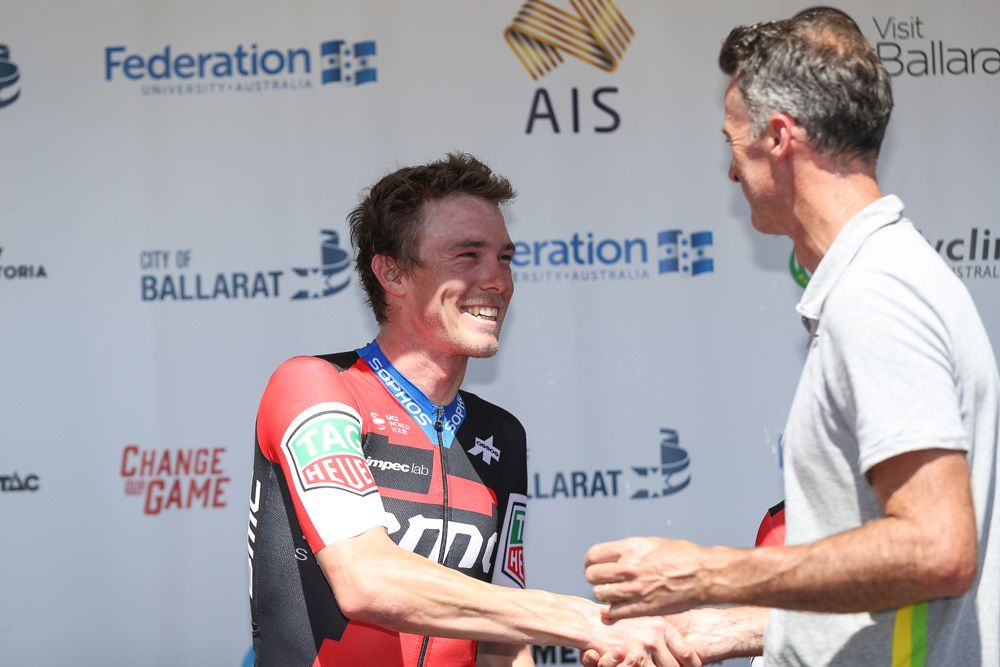 Rohan Dennis (BMC) was all-smiles after suffering on his TT bike