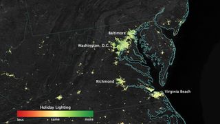 A new analysis of data from the NASA-NOAA Suomi NPP satellite shows that city lights shine brighter during the holidays in the U.S. Dark green pixels are areas where lights are at least 50 percent brighter during December.