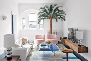 Pink and blue living room with large palm tree
