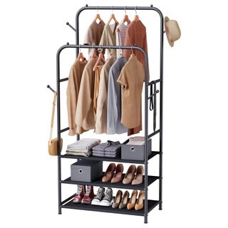 Black Double Rods Clothing Garment Rack With 3-Tier Storage Shelf, with four hooks and shelves for shoes, with a hat, tops, shirts, jackets, heels, trainers, shoebox and handbag