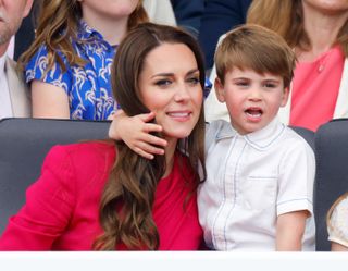 Catherine, Duchess of Cambridge and Prince Louis of Cambridge attend the Platinum Pageant on The Mall on June 5, 2022 in London, England.