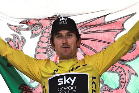 Geraint Thomas (Team Sky) on the final podium at the Tour de France