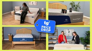 A collage of images, showing mattresses being tested. A Tom's Guide price drop deals badge in the center.