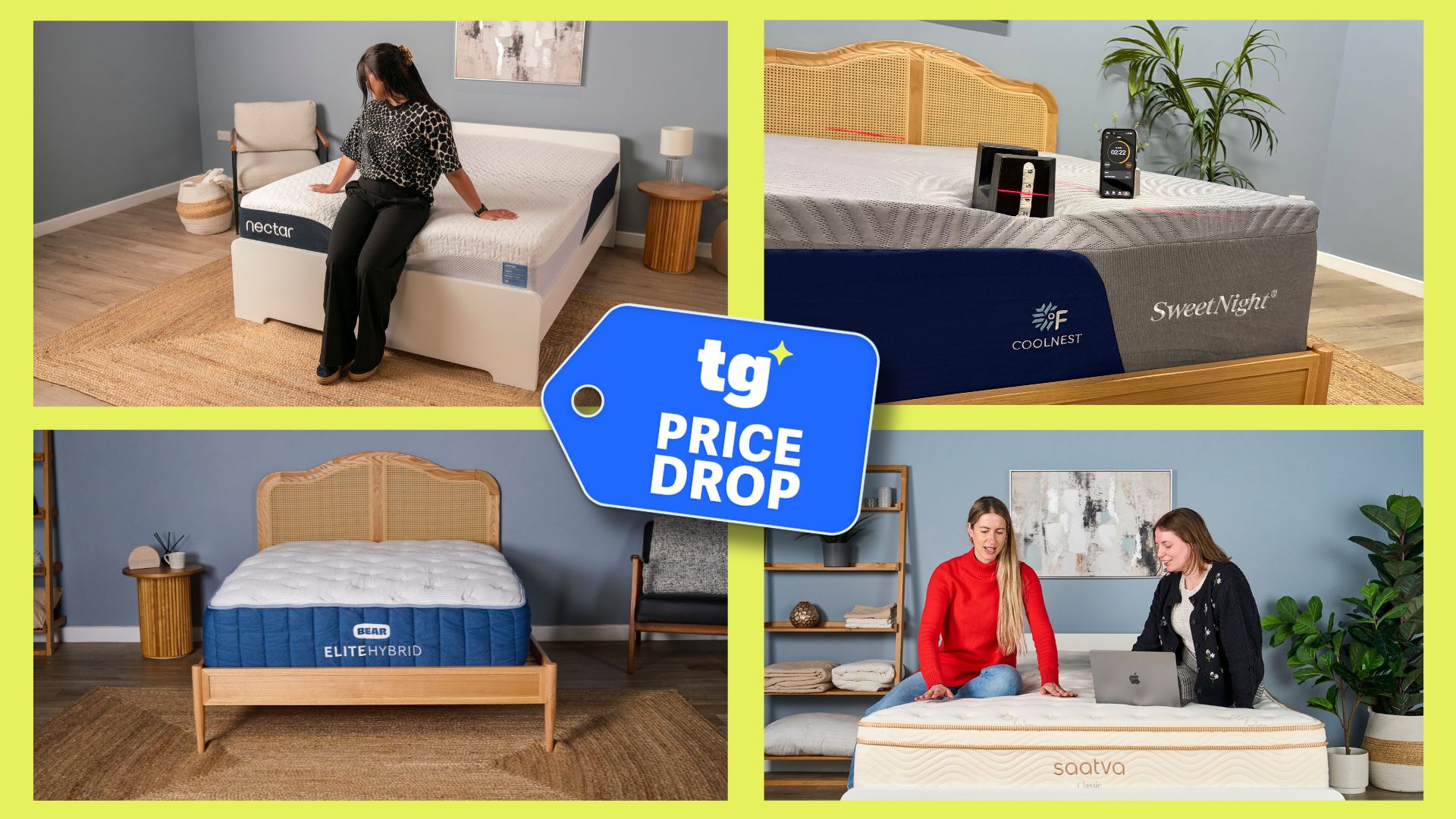 A collage of images, showing mattresses being tested. A Tom's Guide price drop deals badge in the center.