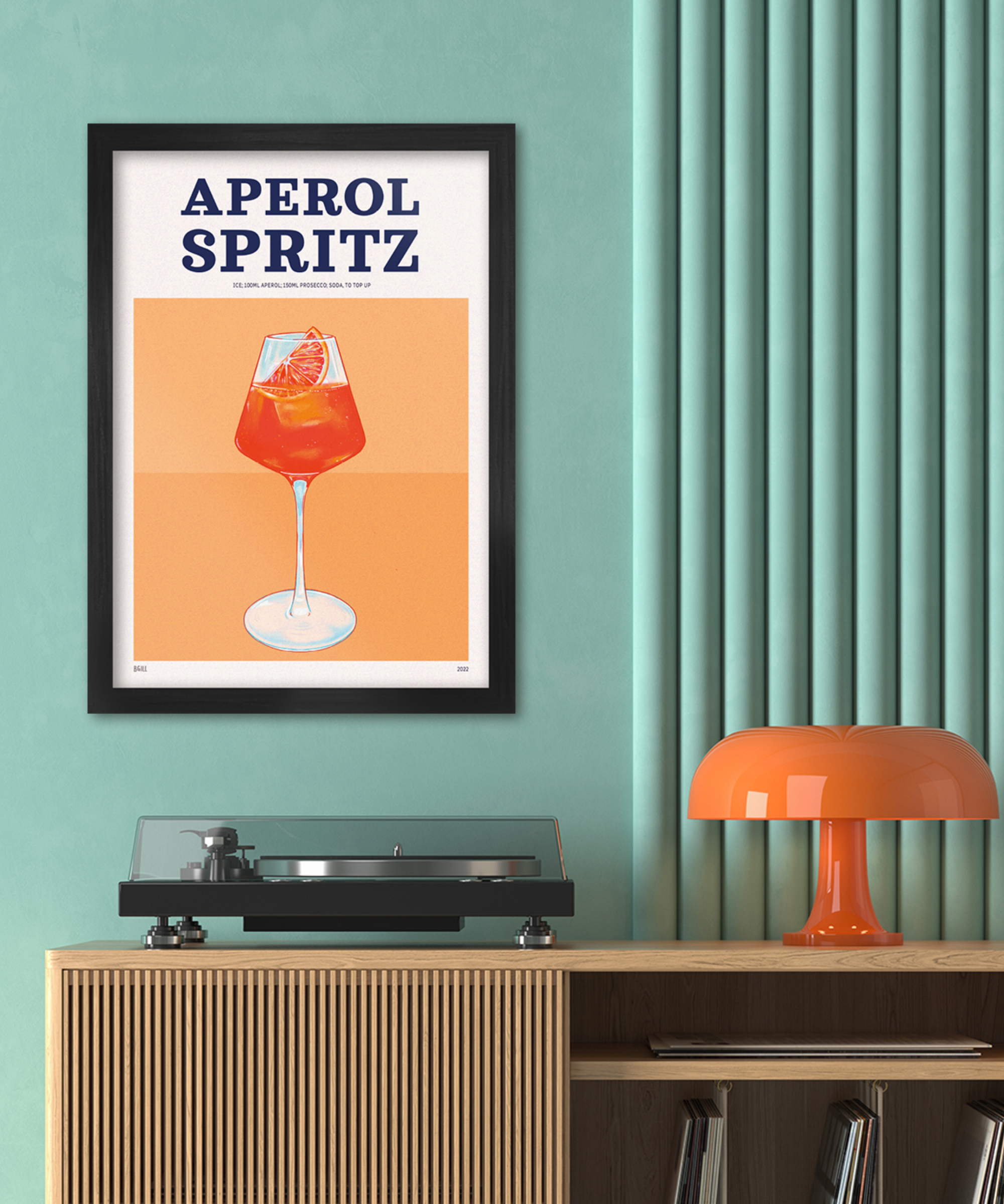 Retro sideboard with record player and Aperol Spritz poster