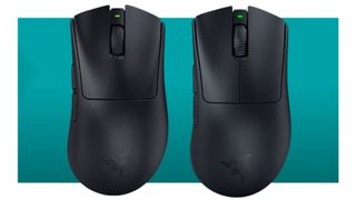 The Razer DeathAdder V3 Hyperspeed on the left, the Razer DeathAdder V3 Pro on the right on a teals deal background