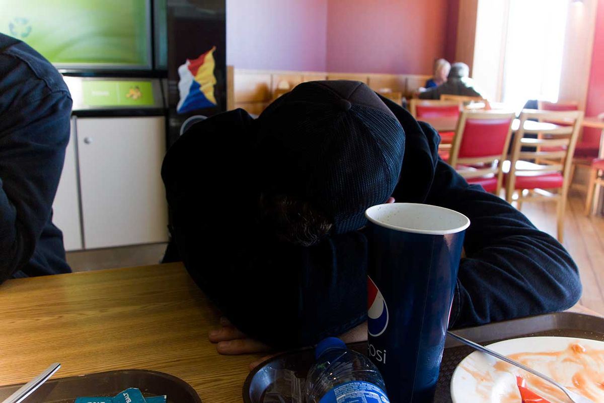 Get food and sleep whenever (and wherever) you can. This was on the ferry on the way over to the UK.