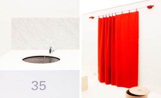 The potrait showing images of red curtain and wash basin