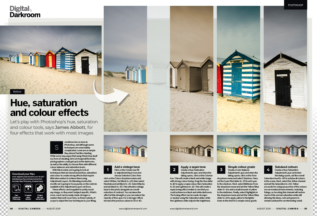 Image showing the Get the Look tutorial in issue 297 (August 2025) of Digital Camera magazine, explaining how to use four hue, saturation and colour effects in Adobe Photoshop