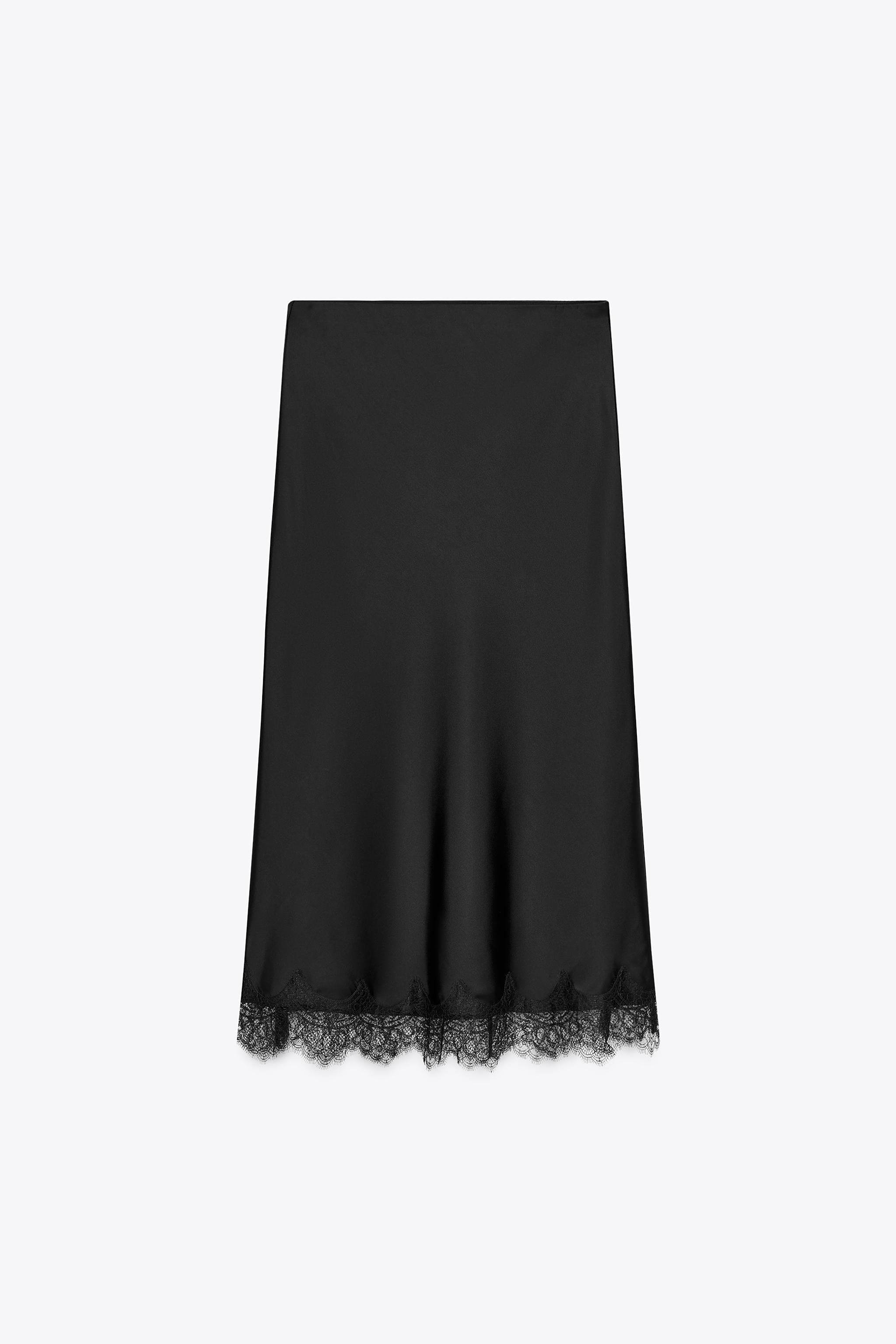 Lace Trim Satin Midi Skirt