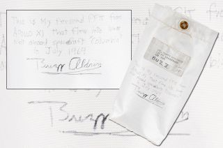Among Leon Ford's artifacts being auctioned on June 25, 2015 in Boston is the cloth pouch that carried Apollo 11 astronaut Buzz Aldrin's mementos to lunar orbit and back.