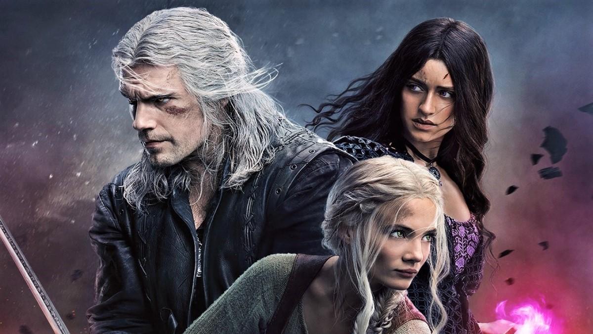 The Witcher season 3 promotional poster showing Geralt, Ciri and Yennefer fighting an off screen threat