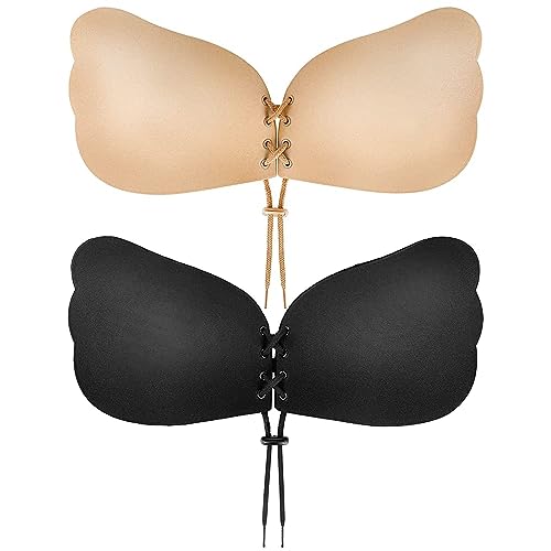 Cmojsk Sticky Bra, Backless Strapless Bra Push Up, Adhesive Invisible Lift Up Bras 2 Pairs Black/beige