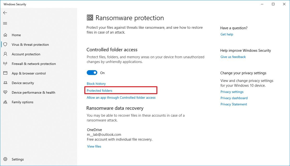 Controlled folder access protected folders option