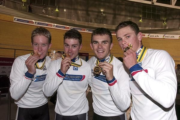 Taste of gold (l-r): Cameron Meyer, Leigh Howard, Jack Bobridge and Michael Hepburn savour their gold medals from the men's teams pursuit.
