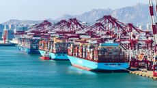 Container ships are seen at the Qingdao Qianwan Container Terminal in Qingdao, China, on April 5, 2025.