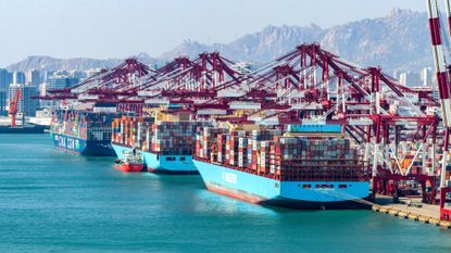 Container ships are seen at the Qingdao Qianwan Container Terminal in Qingdao, China, on April 5, 2025.