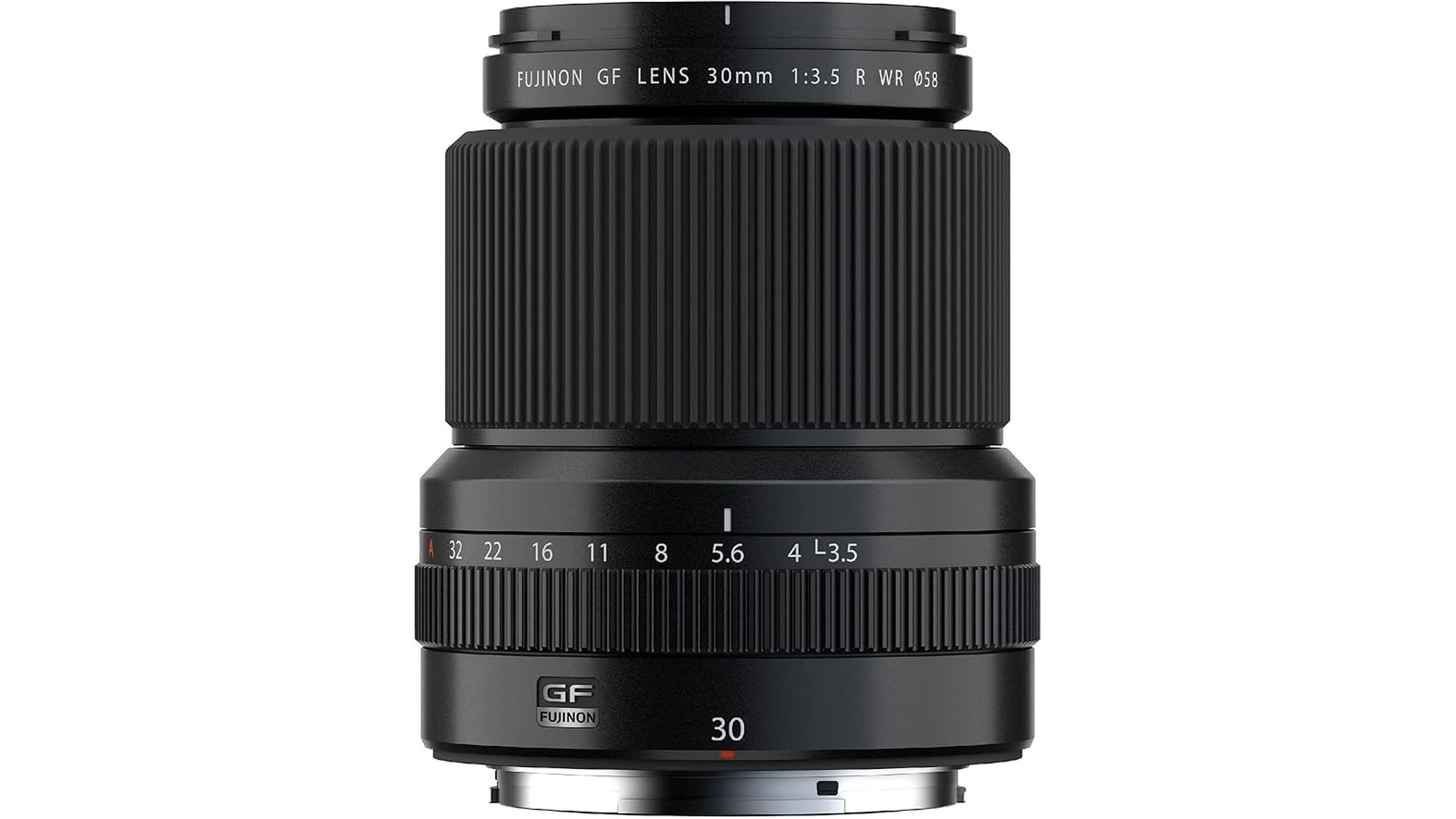 A Fujifilm GF 30mm f/3.5 R WR lens standing upright