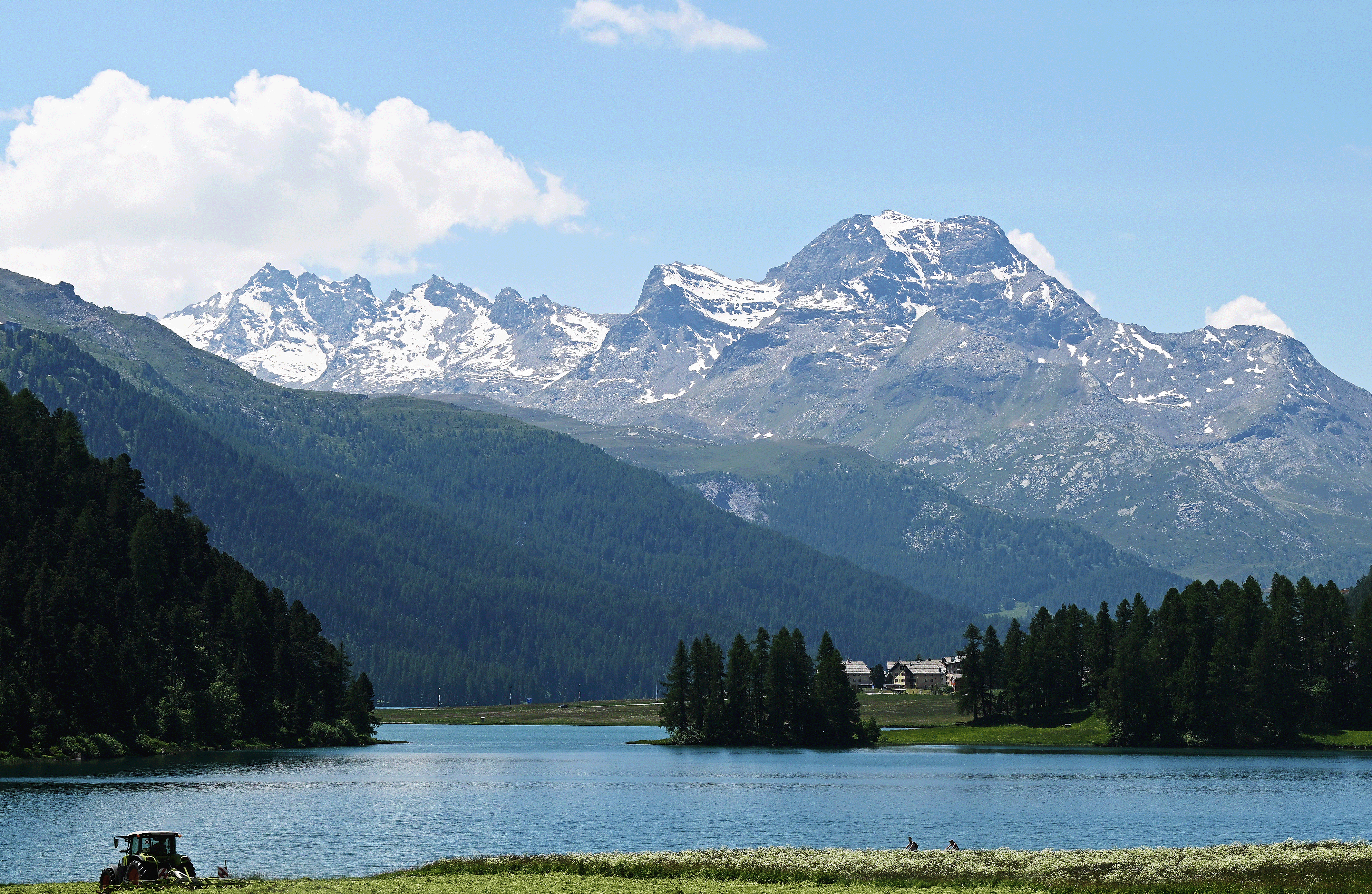 SANTA MARIA IN CALANCA, SWITZERLAND - JUNE 19: A general view of the Lake Saint Moritz landscape during the 88th Tour de Suisse, Stage 5 a 183.8km stage from La Punt to Santa Maria in Calanca 941m / #UCIWT / on June 19, 2025 in Santa Maria in Calanca, Switzerland. (Photo by Tim de Waele/Getty Images)