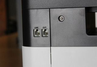 The back of the Samsung ProXpress C3060W features phone line connections for the device’s built-in fax capabilities.