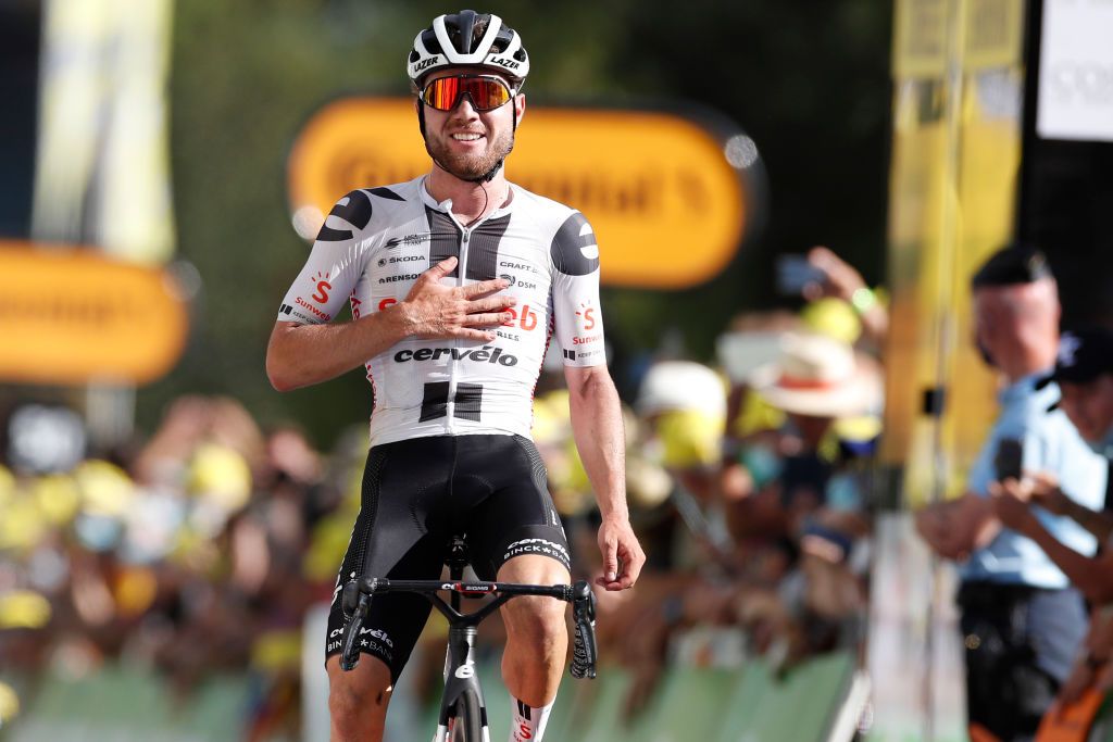 SARRAN CORRZE FRANCE SEPTEMBER 10 Arrival Marc Hirschi of Switzerland and Team Sunweb Celebration during the 107th Tour de France 2020 Stage 12 a 218km stage from Chauvigny to Sarran Corrze 658m TDF2020 LeTour on September 10 2020 in Sarran Corrze France Photo by Sebastien Nogier