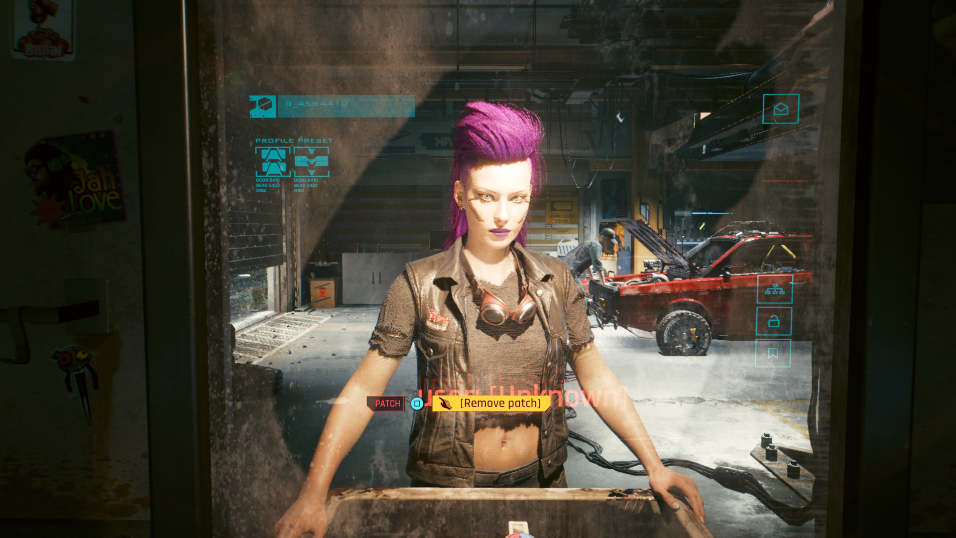 V looks into a mirror in a garage with the prompt to rip off her Nomad Bakkers patch in the Nomad lifepath opening to Cyberpunk 2077