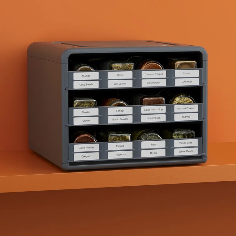 A grey mechanical spice rack