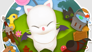 An image of a cute moogle in Final Fantasy 14, posed on a sticker featuring various other characters to advertise the Moogle tomestone event.