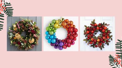 three of the best Christmas wreaths for 2022 including natural foliage with flowers a rainbow colored bauble design and a faux apple and berry wreath