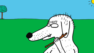 A cartoon portrait of a dog holding a stick