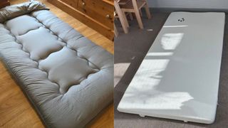 A split screen of a Japanese floor mattress on left and a mattress topper on a carpeted floor on the right.