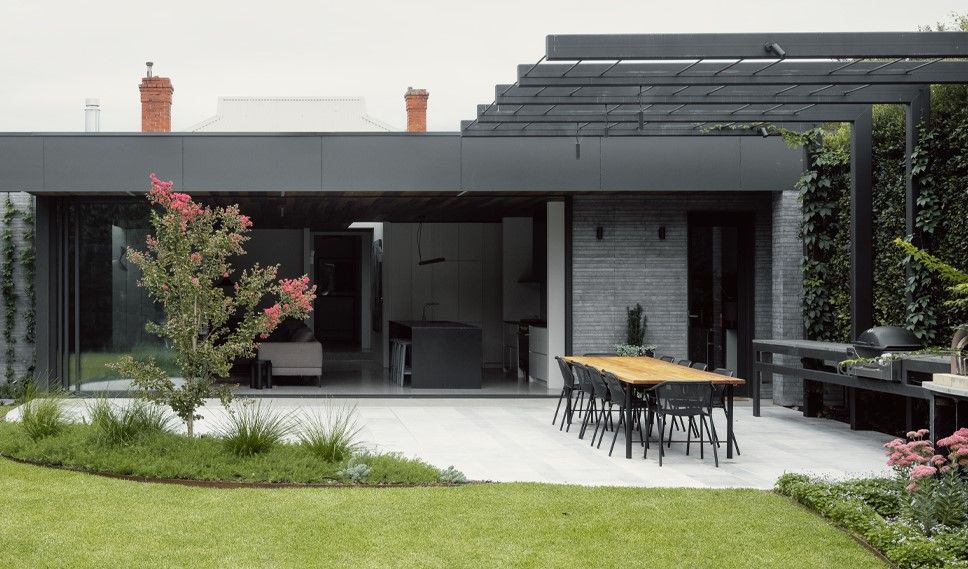 A backyard with a dining space