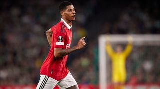 Marcus Rashford of Manchester United celebrates after scoring his team's goal during the UEFA Europa League last 16 second leg match between Real Betis and Manchester United at the Estadio Benito Villamarin on March 16, 2023 in Seville, Spain.