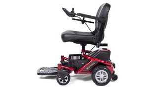 Golden LiteRider PTC Electric Wheelchair review: the wheelchair, in black with a red trim, shown from the side