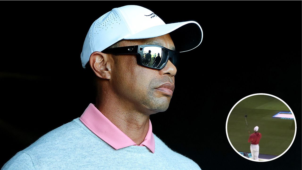 Image of Tiger Woods and inset of him taking a shot at the TGL arena